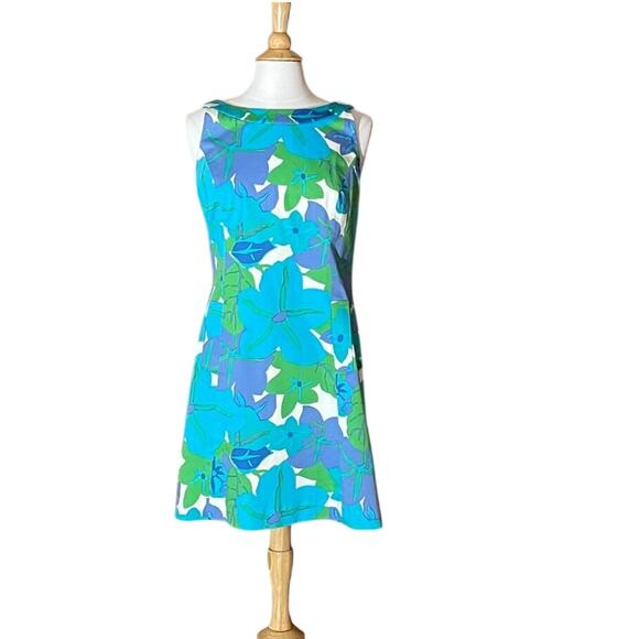Talbots Cotton Blue Green Tropical Floral Sleeveless Halter Summer Dress, Sz 12 - Picture 1 of 13